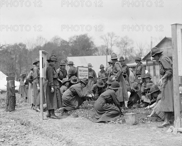 National Women's Defense League camp, working in the war garden ca. between 1909 and 1923