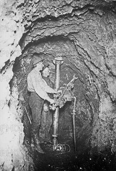 Workers air drilling at the Iron Silver Mine ca. between 1909 and 1920