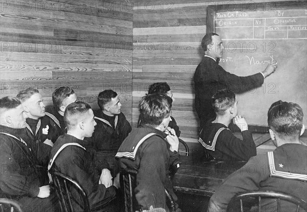 Teacher writign on a chalk board at Great Lakes Naval training station radio class ca. between 1909 and 1920