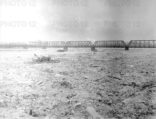 Boat stuck in ice jam in the Potomac River, Feb. 1918