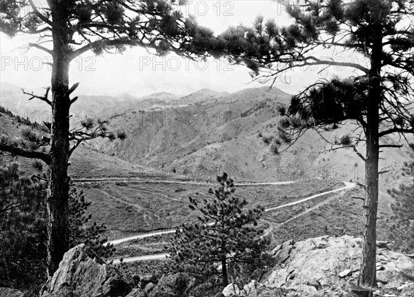 Denver Mountain Park, Golden, Colorado. View through trees overlooking road and mountains ca. 1909