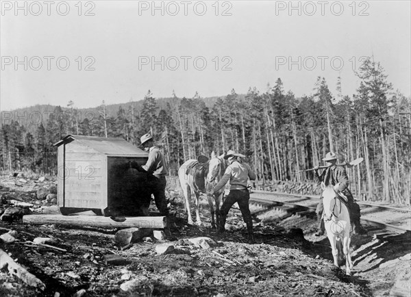 Forest officers traveling by horse leaving tool box for firefighting, Arapaho National Forest ca. 1909