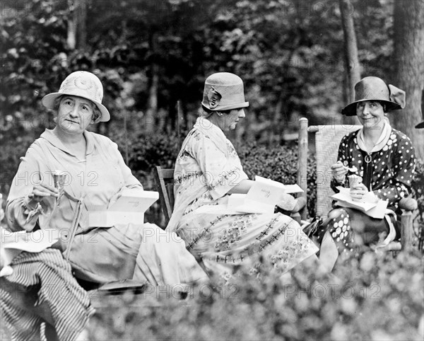 Left to right: Mrs. William N. Butler, wife of the Senator from Mass., Mrs. Frederick Gillett, wife of the Senator from Mass., and Mrs. Oscar Underwood, wife of the Senator from Alabama, at the weekly Senate Ladies Luncheon, Edgemoor ca. 1909