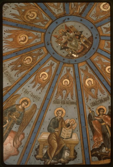 Church of the Intercession (1743, 1761), interior, view of nebo (sky, or painted ceiling), Liadiny, Russia 1998.