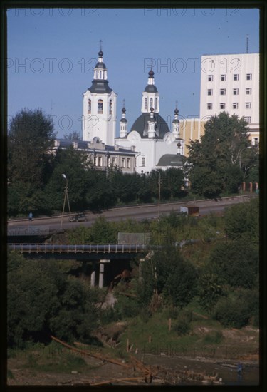 Church of the Elevation of the Cross (1791), southeast view, with Tiumenka River in foreground, Tiumen', Russia 1999.