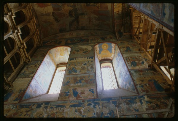 Church of John the Baptist at Tolchkovo (1671-87), interior, south wall, with frescoes of Crucifixion and scenes from life of John the Baptist (1694-95), Yaroslavl', Russia; 1997