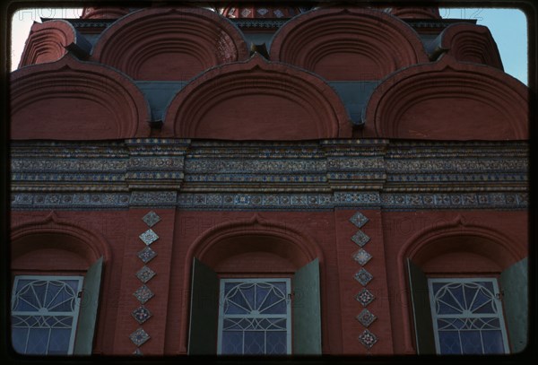 Church of the Epiphany (1684-93), north facade, ceramic cornice and decorative tiles, Yaroslavl', Russia 1988.