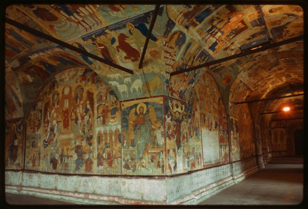Church of John the Baptist at Tolchkovo (1671-87), interior, south gallery frescoes on ceiling vault (1694-95), Yaroslavl', Russia; 1992