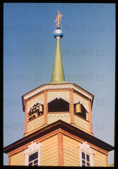 Log Church of Saint Nicholas (1846), bell tower, southwest view, which was originally built near the site where Lake Baikal drains into the Angara River, Listvianka, Russia; 1999