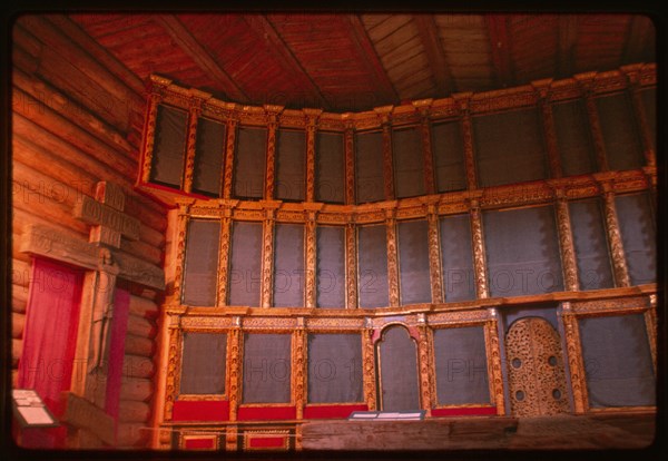 Church of St. George, from Vershina village (Verkhnetoima Region) (1672), interior with icon screen (icons have been removed), reassembled at Malye Korely Architectural Preserve, Russia 1998.