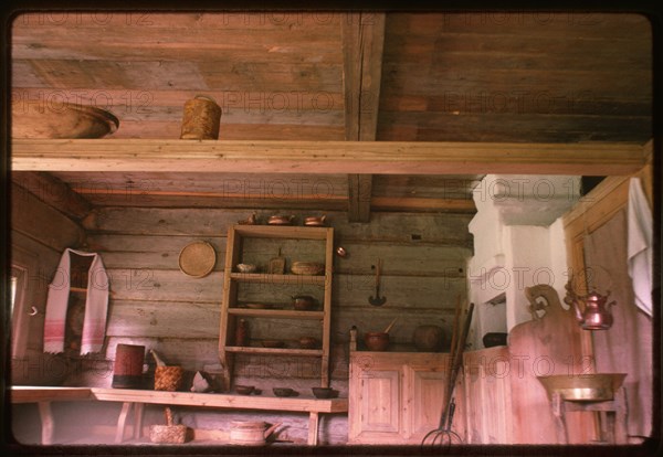 Log house from Kondratevskaia village (Verkhnetoima Region) (19th century), interior, main room, reassembled at Malye Korely Architectural Preserve, Russia 1998.