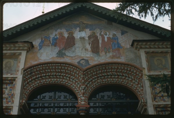 Church of Elijah the Prophet (1647-50), west entrance, with fresco of the Crucifixion, Yaroslavl', Russia; 1987