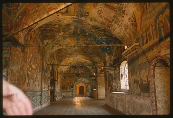 Church of Elijah the Prophet (1647-50), interior, west gallery, view south, with ceramic ornament and frescoes (1715-16), Yaroslavl', Russia; 1992