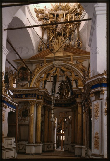 Cathedral of the Transfiguration (1668-70s), interior, east view with icon screen, Belozersk, Russia; 1998