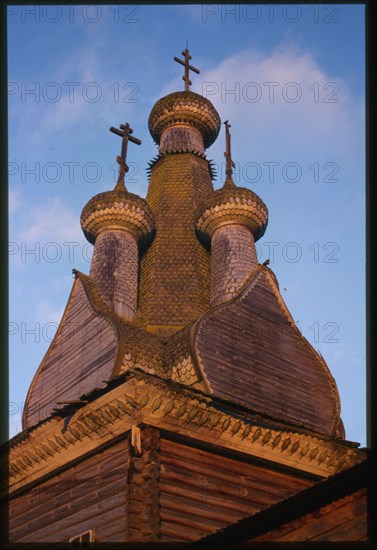 Church of the Hodigitria Icon of the Virgin (1763), northwest view, wooden domes, Kimzha, Russia; 2000