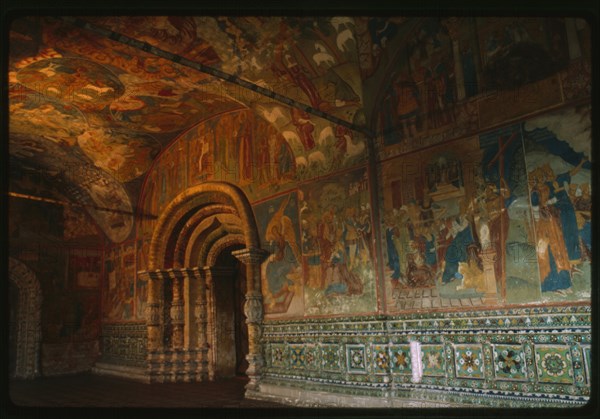 Church of Elijah the Prophet (1647-50), interior, north gallery, view east, with frescoes and ceramic ornament (1715-16), Yaroslavl', Russia; 1992