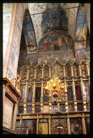 Cathedral of the Annuciation (1560-84), interior, view east toward icon screen (late 17th century), Sol'vychegodsk, Russia 1999.
