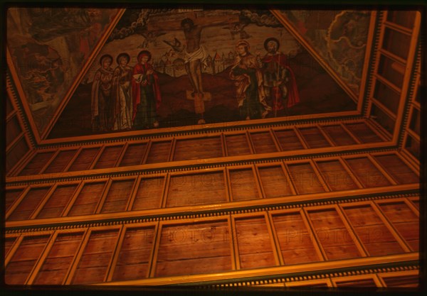 Log Church of the Prophet Elijah (1690-96), interior, ceiling painting of Crucifixion, Belozersk, Russia; 1999