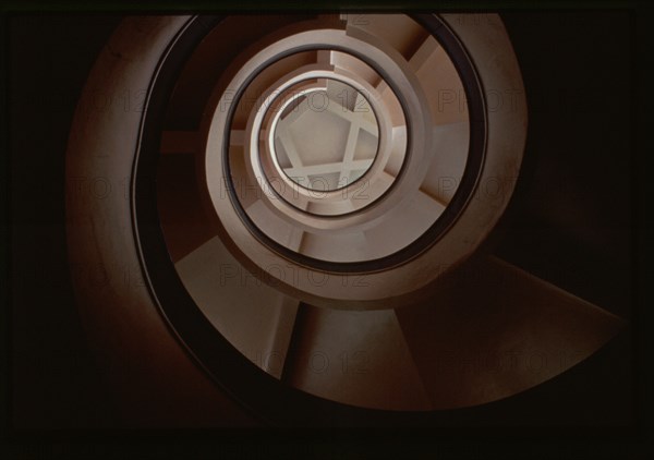 Chekist Village (gorodok chekistov) House of Culture, interior, with view of Constructivist style spiral staircase, Ekaterinburg, Russia 1999.