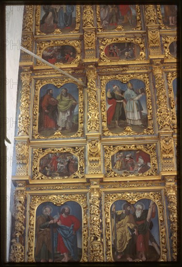 Church of the Presentation of the Virgin (1688-93), interior, icon screen details, Sol'vychegodsk, Russia 1999.