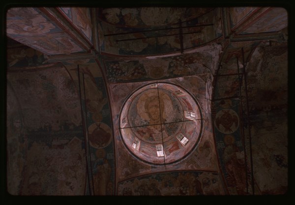 Church of Saint Nicholas Mokryi (1665-72), interior, main dome, with fresco of Christ Ruler of All (1672), Yaroslavl', Russia; 1997