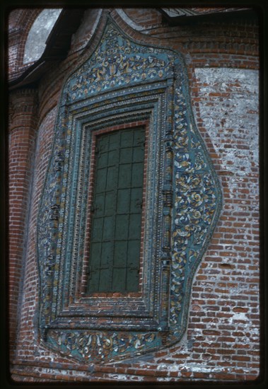 Church of Saint John Chrysostome in Korovniki (1649-54), east facade, decorative ceramic window surround, Yaroslavl', Russia; 1987