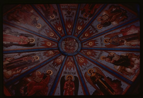 Church of the Intercession (1743, 1761), interior, view of nebo (sky, or painted ceiling), Liadiny, Russia 1998.