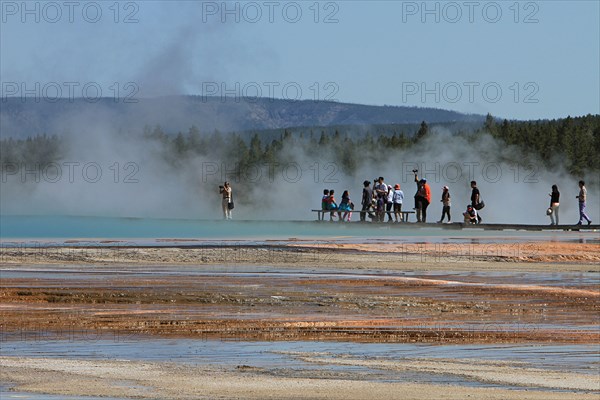 Visitors on boardwalk at Grand Prismatic Spring in Midway Geyser Basin in Yellowstone National Park; Date:  18 June 2013