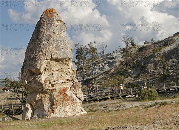 Visitors at Liberty Cap at Mammoth Hot Springs in Yellowstone National Park; Date: 30 June 2015