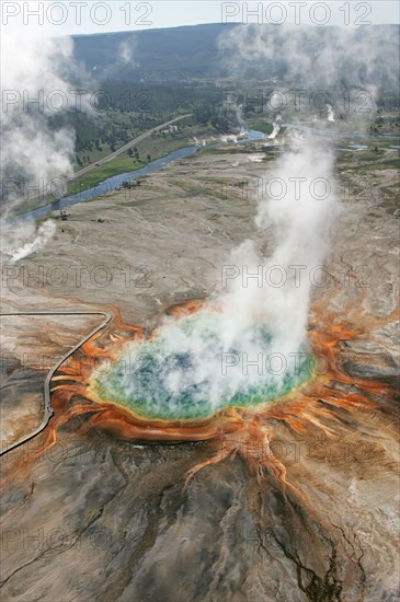 Aerial view of Grand Prismatic Spring in Yellowstone National Park; Date: 22 June 2006