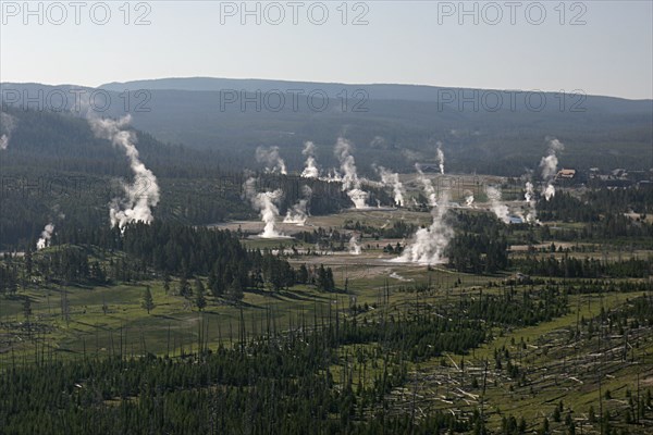 Aerial view of Upper Geyser Basin in Yellowstone National Park; Date: 22 June 2006