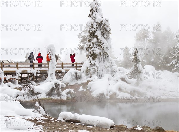 Visitors and ghost trees at Fountain Paint Pot in Yellowstone National Park; Date: 19 January 2016