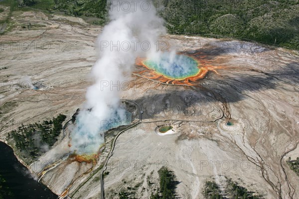 Aerial view of Excelsior Geyser and Grand Prismatic Spring in Midway Geyser Basin in Yellowstone National Park; Date: 22 June 2006