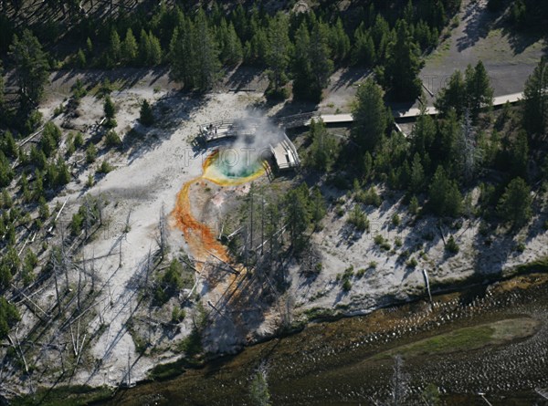 Aerial view of Morning Glory Pool in Yellowstone National Park; Date: 22 June 2006