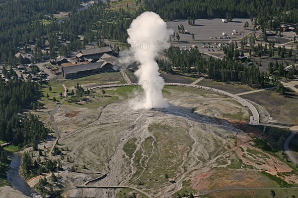 Aerial view of Old Faithful Geyser and Old Faithful Lodge in Yellowstone National Park; Date: 22 June 2006