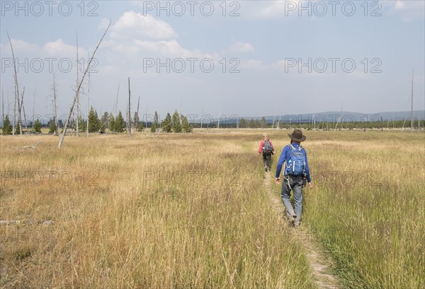 Hikers crossing a large flat, open meadow. Sentinel Meadows Trail in Yellowstone National Park; Date: 7 August 2017
