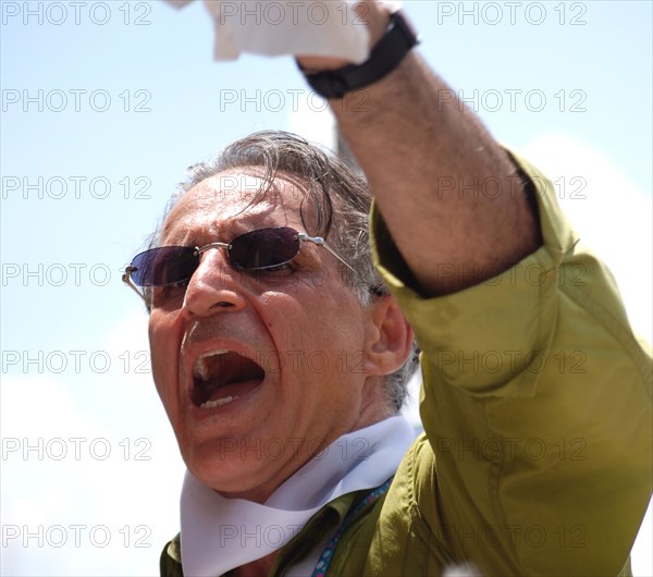 Iranians in Texas taking part in a Freedom for Iran / Green Revolution rally at Dallas City Hall plaza in downtown Dallas, TX; rally speaker ca. June 2009