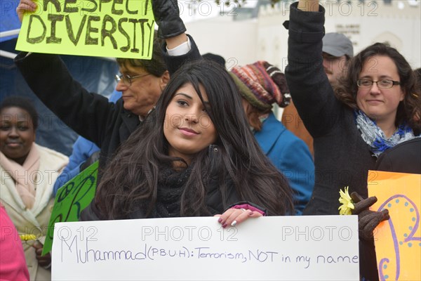 Peace Rally demonstratration outside a mosque in support of the local Muslim community  Irving, TX,  USA (November 28, 2015)