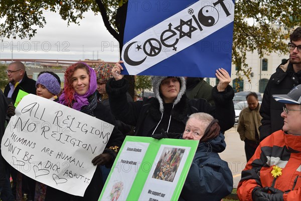 Peace Rally demonstratration outside a mosque in support of the local Muslim community  Irving, TX,  USA (November 28, 2015)