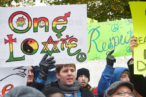 Peace Rally demonstratration outside a mosque in support of the local Muslim community  Irving, TX,  USA (November 28, 2015)