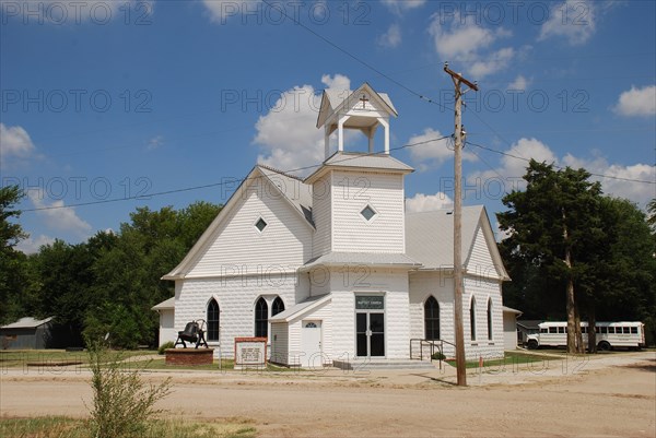 White church building in Milton Kansas; Milton Baptist Church on Sycamore Rd.