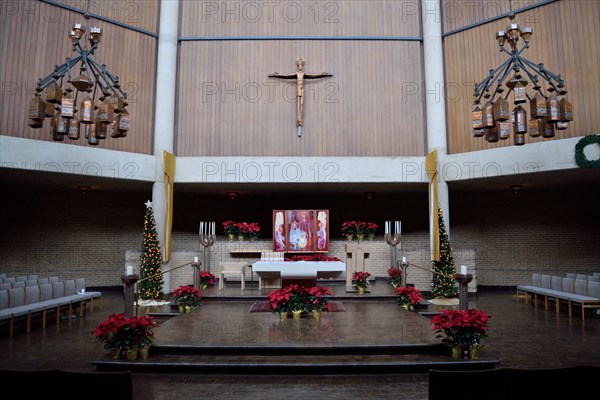 Interior of the Church of the Incarnation during the Christmas season, on the campus of the University of Dallas in Irving, TX