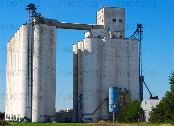 Large grain elevator complex in a small town in Western Kansas