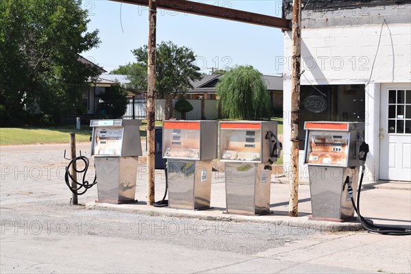 Old gas pumps at a gas station in a small town in Oklahoma