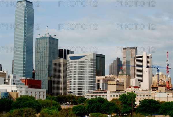 Construction cranes in downtown Dallas, TX (view looking east) ca. 2010