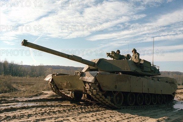 A left front view of the XM-1 Abrams tank