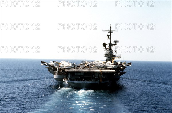 A stern view of the aircraft carrier USS CORAL SEA