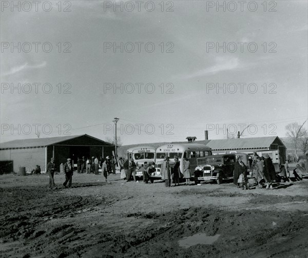 Crowd with School Buses ca 1938