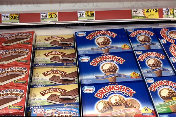 Ice Cream In Freezer Section Of Supermarket