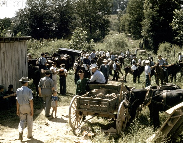 Mountaineers and farmers trading mules and horses